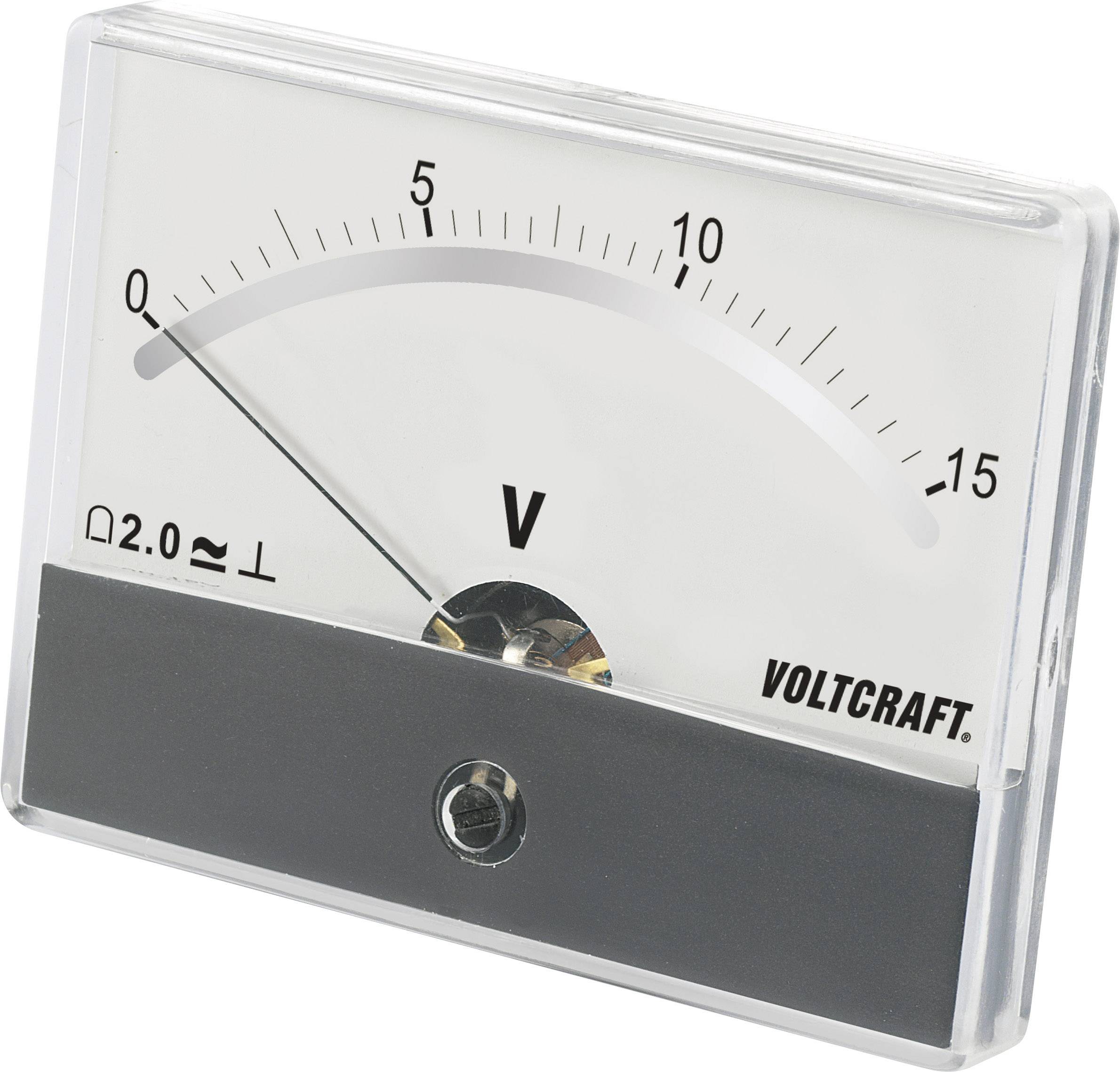Analoge voltmeter van Voltcraft met een schaal van 0 tot 15 volt. Wijzer wijst naar 2 volt.