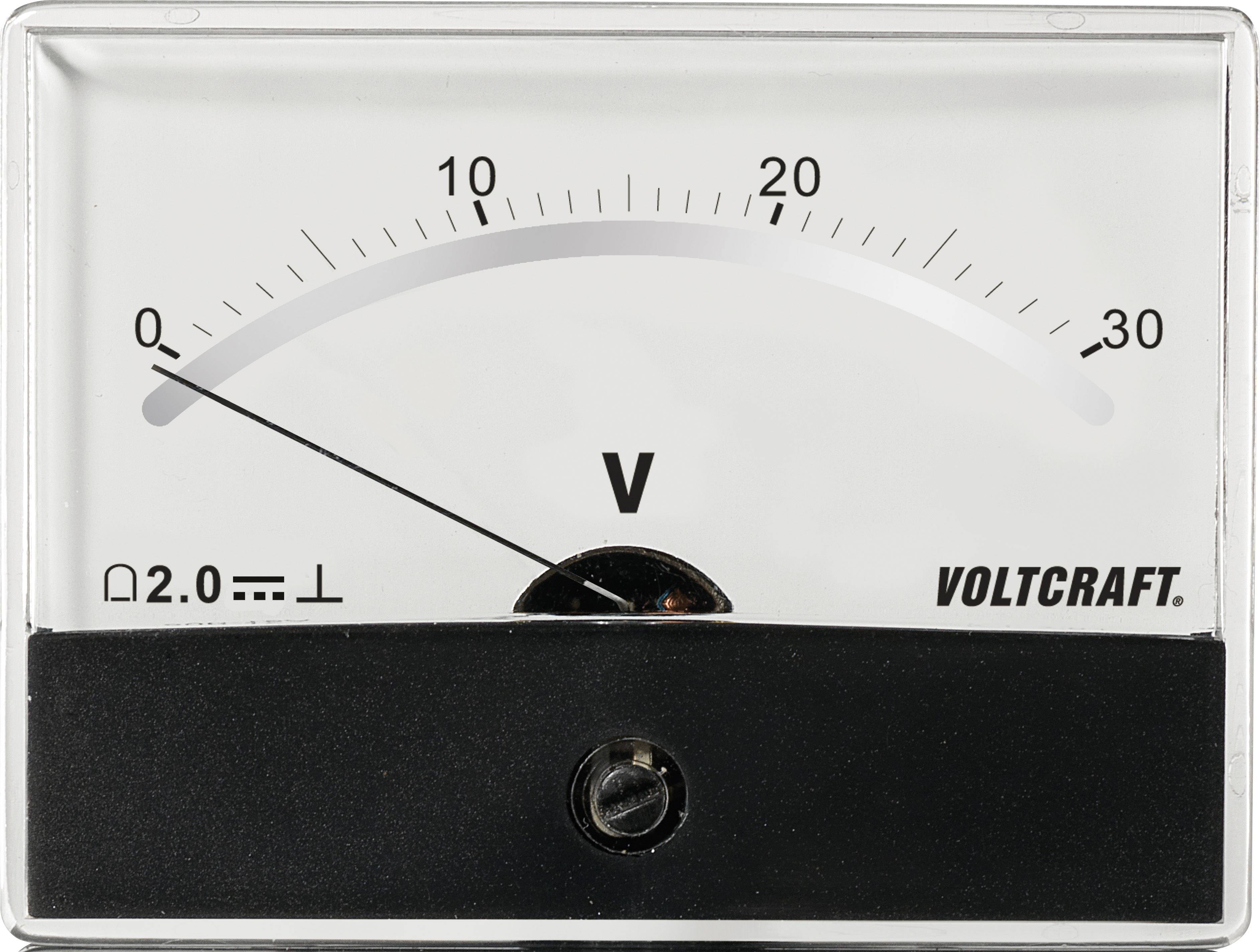 Analoge voltmeter, toont ongeveer 11 volt aan. Schaal van 0 tot 30 volt. Markeringen bij 2,0 en 20 volt.
