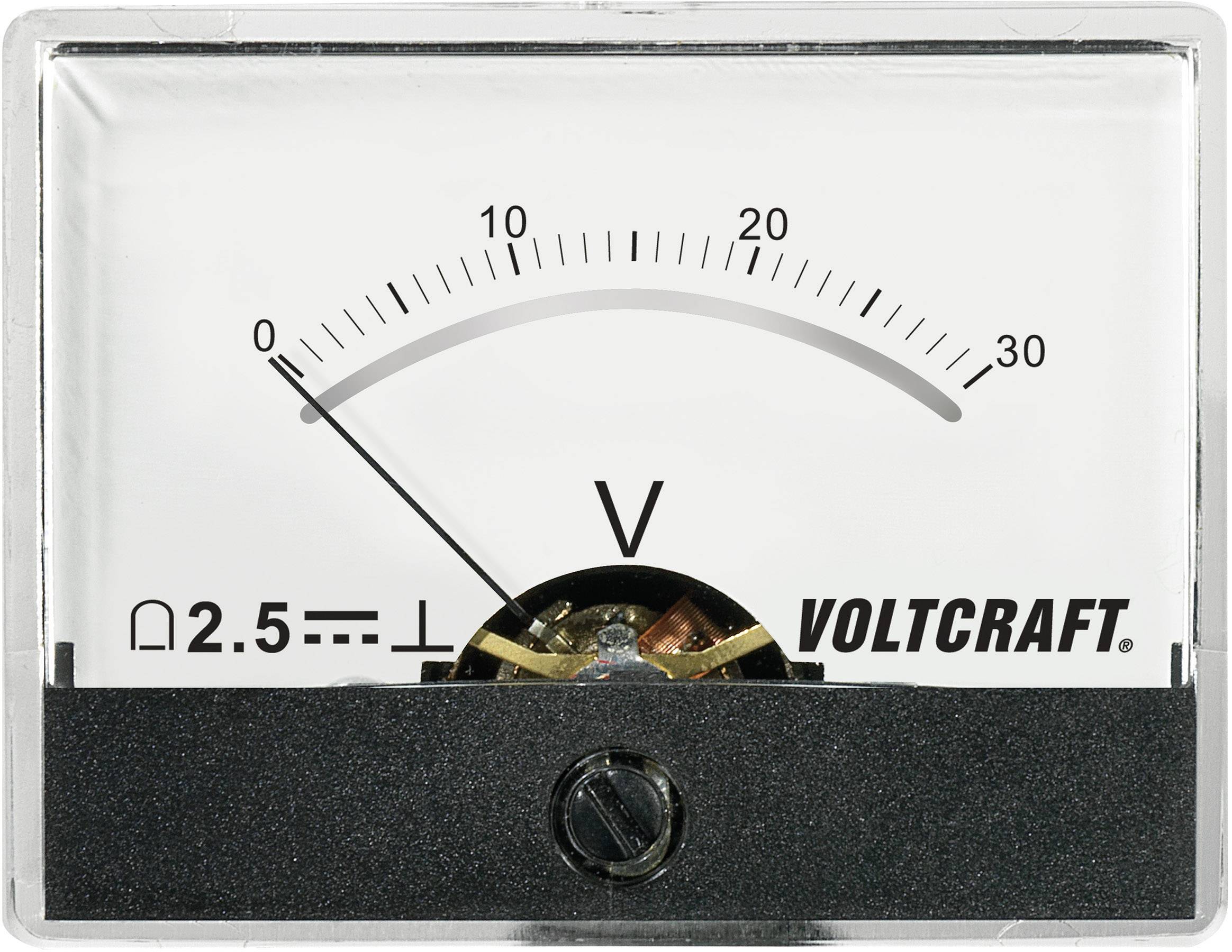 Analoge voltmeter, toont ongeveer 5 volt aan, schaal van 0 tot 30 volt, merk 'Voltcraft', weerstandssymbool links onderaan.
