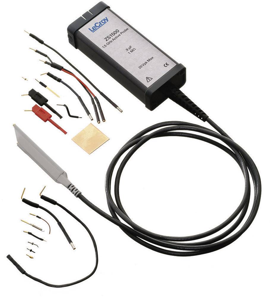 Een LCR-ZX50M impedantietransducer met toebehoren, inclusief meetkabels, adapters en kabelklemmen voor signaalanalyse.