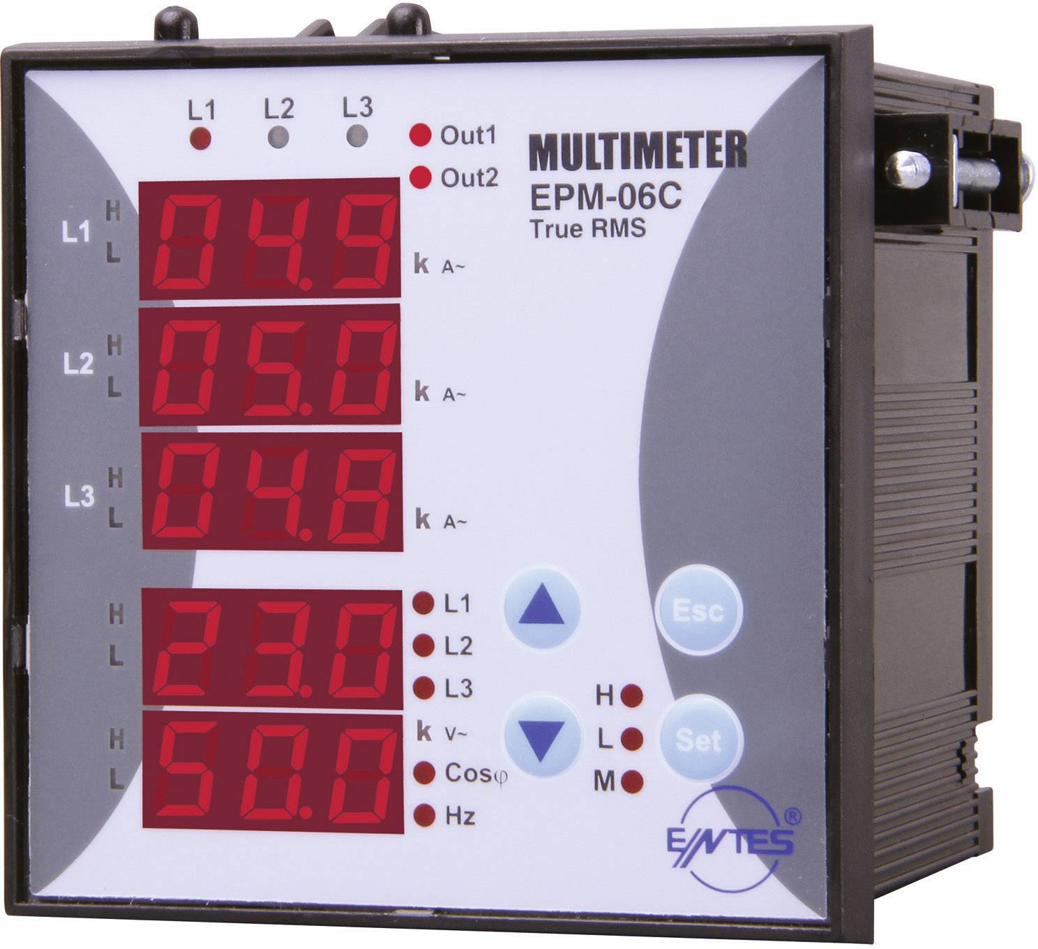 Digitale multimeter met weergave van meetwaarden: '0.49', '0.50', '0.48', '23.0' en '50.0'. Functies: 'Esc', 'Set'. Gemarkeerd L1, L2, L3, Out1, Out2.