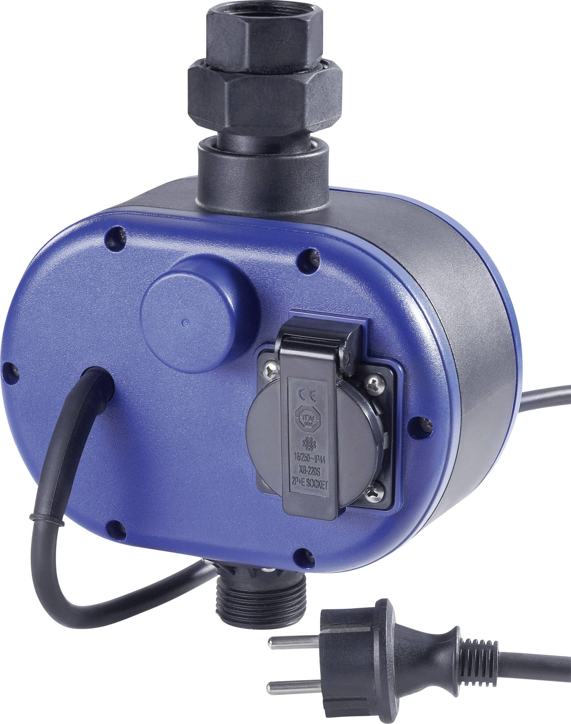 Een blauwe elektrische schakelaar met kabel. Bovenaan bevindt zich een zwarte aansluiting. Kabeluiteinde met een Europlug.