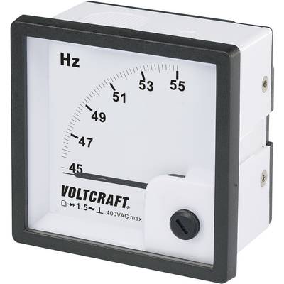 Een analoog meetapparaat toont een frequentieweergave van 45 tot 55 Hertz. De huidige naaldstand bevindt zich rond 51 Hz.