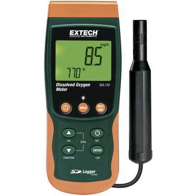 Een zuurstofmeter met digitale weergave toont '8,5 mg/L' en '77°F'. Het apparaat heeft knoppen voor kalibratie en gegevensopslag.