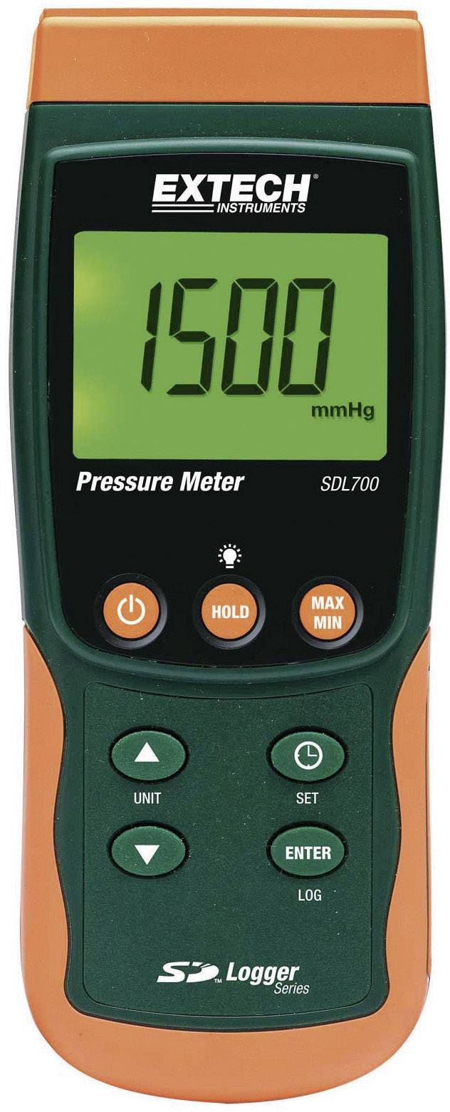 Een digitale drukmeter toont '1500 mmHg' op het display. Het apparaat heeft toetsen voor 'Hold', 'Max/Min', 'Set' en 'Log'.