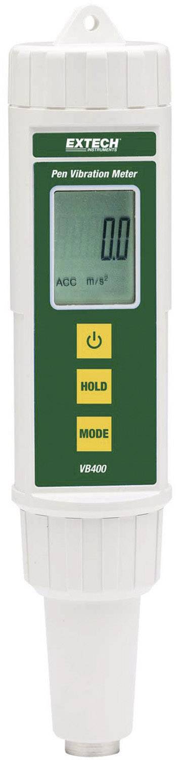 Een handapparaat voor trillingsmeting met een scherm waarop '0.0' wordt weergegeven. Het heeft knoppen voor 'Hold' en 'Mode'.
