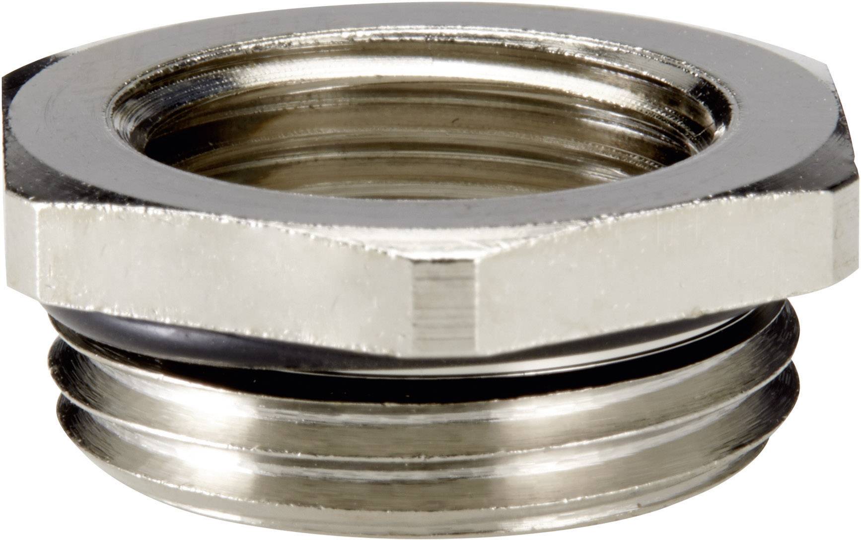 Een zilveren, metalen schroefdeel met zeskantmoer, dat waarschijnlijk wordt gebruikt voor het verbinden van buizen of slangen.