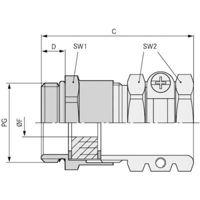 Technische tekening van een aansluitklemmenmodule met afmetingen en aanduidingen: PG, ØF, C, D, SW1 en SW2. Toont doorsnede.
