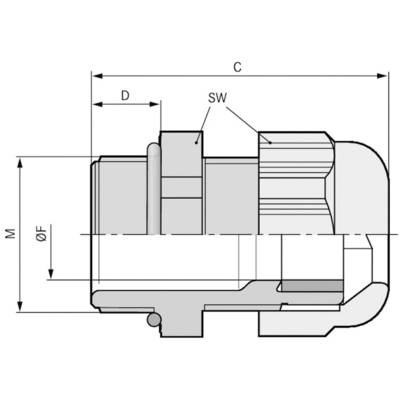 Technische tekening van een mechanisch onderdeel met maatvoering C, D, SW, M en ØF. Zijaanzicht met doorsnede rechts.