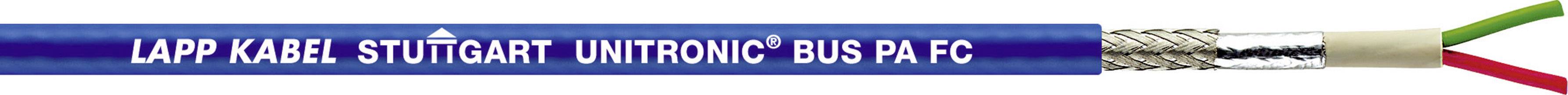 Blauw kabel met opschrift 'Lapp Kabel Stuttgart UNITRONIC BUS PA FC' en drie gekleurde draden: rood, groen, transparant.