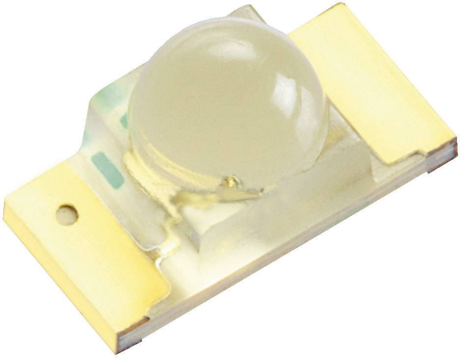 'Close-up van een LED met een transparante behuizing en twee metalen contactpunten, geplaatst op een witte achtergrond.'