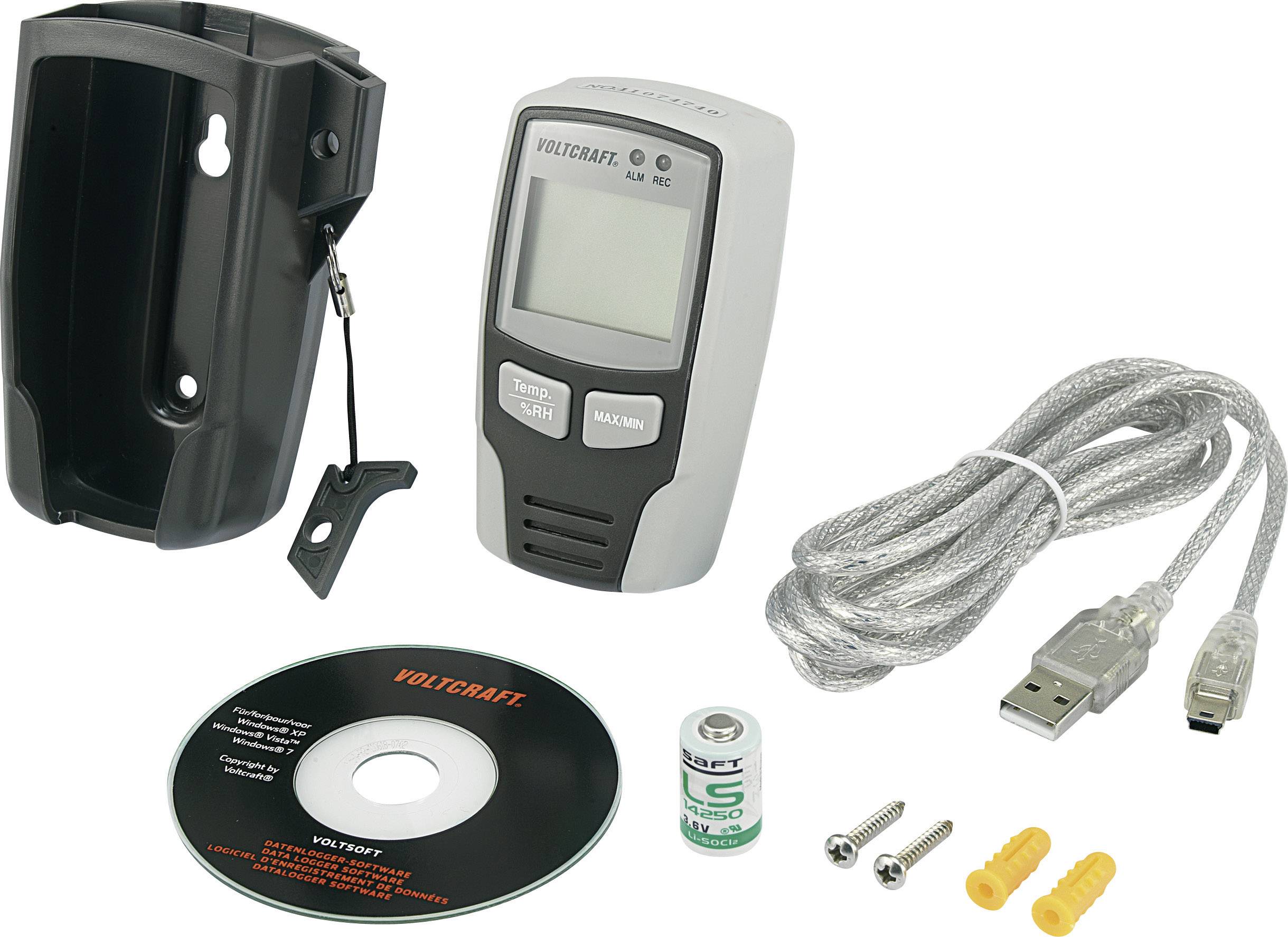 Datalogger-set met wandbevestiging, software-cd, USB-kabel, batterij, schroeven en pluggen voor temperatuurcontrole.