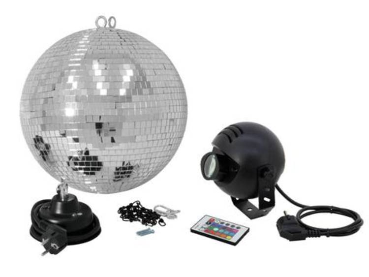 Spiegelbollenset 30 cm met LED-RGB-spot en draadloze afstandsbediening Discobal