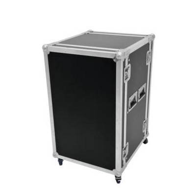 Flightcase van zwart materiaal met zilveren randen, voorzien van handgrepen aan de zijkant en wielen aan de onderkant.