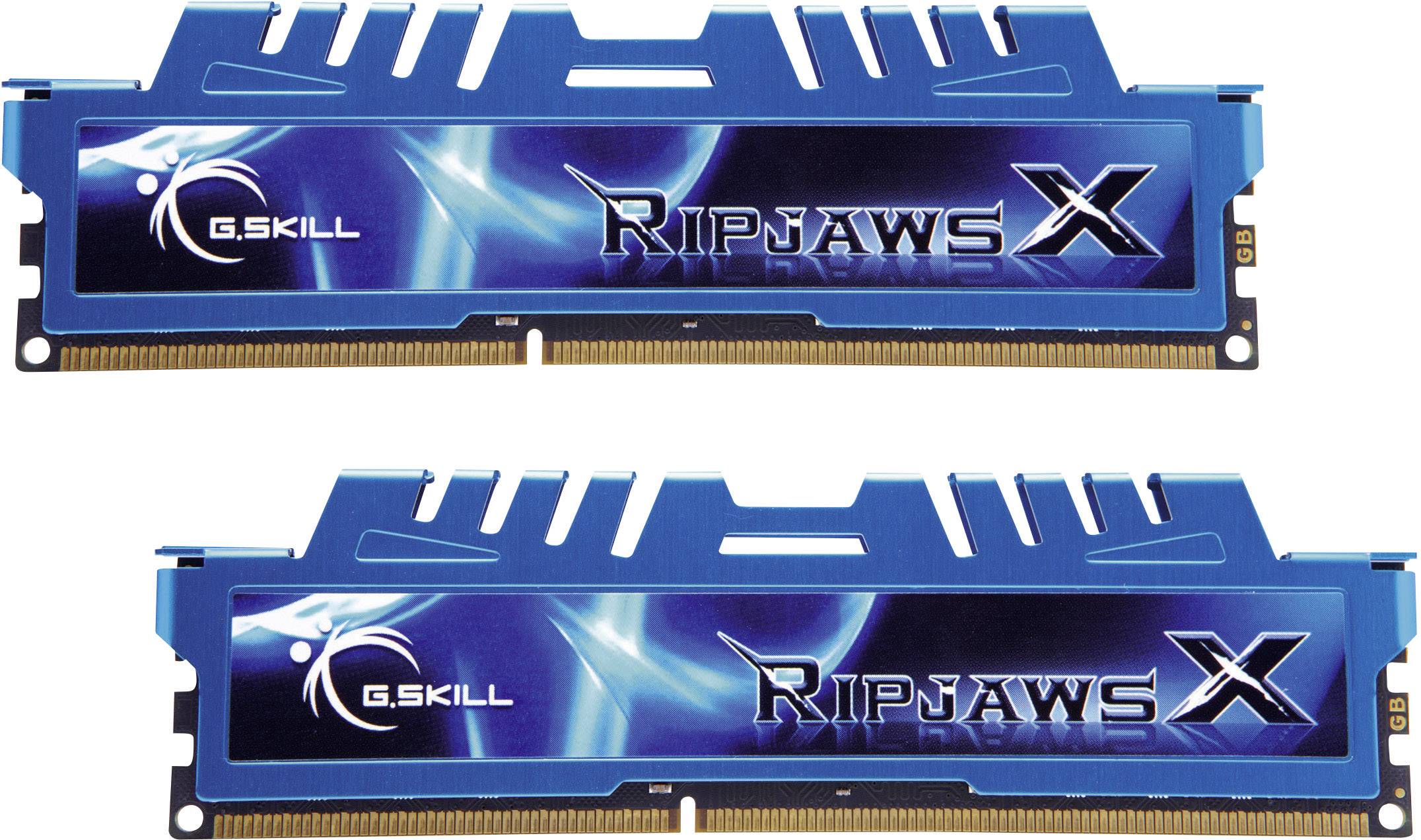 Twee blauwe RAM-sticks van het merk G.SKILL met de opdruk 'Ripjaws X'.