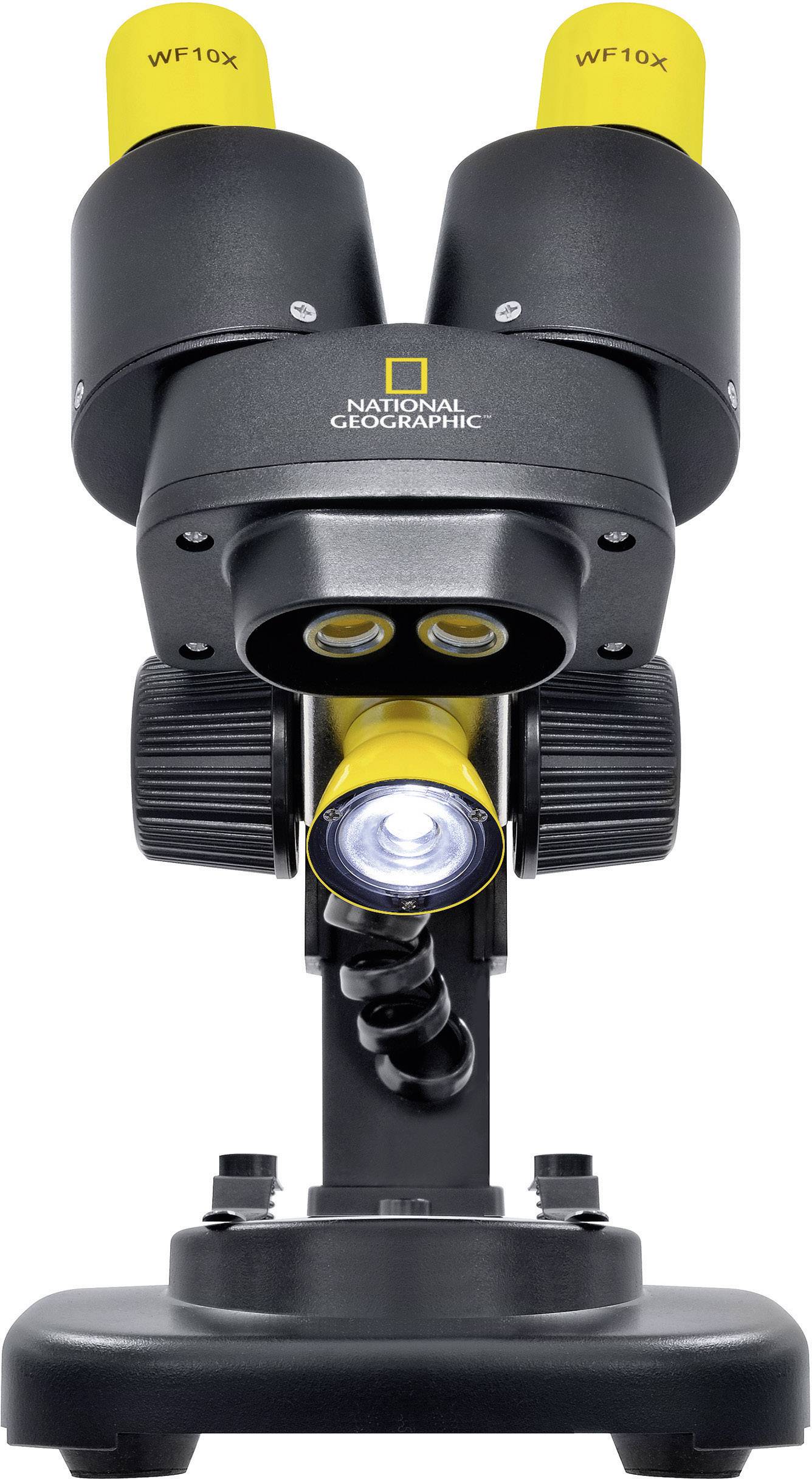 Een zwart-geel microscoop van het merk 'National Geographic'. Het beschikt over twee oculairs met de aanduiding 'WF10X' en geïntegreerde verlichting.