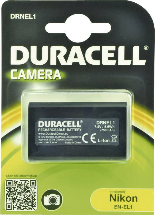 'Accu-pack van Duracell voor Nikon EN-EL1 camera, 7,4V, 6Wh (750mAh), Li-Ion, CE-keurmerk, QR-code linksonder.'
