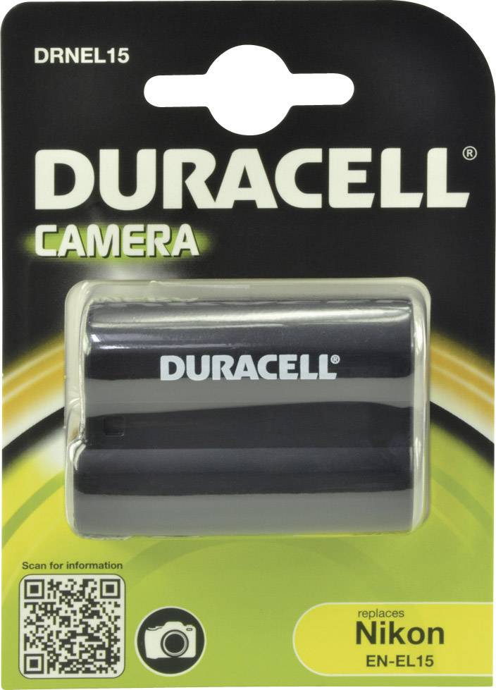 'Duracell Camera-accu, Model DRNEL15, compatibel met Nikon EN-EL15' op zwarte achtergrond met gele accenten.