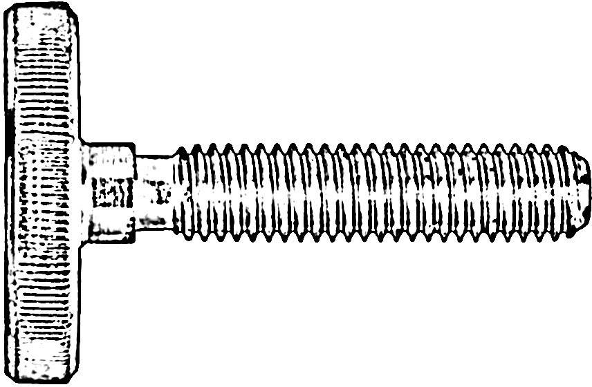 Een technische tekening van een machineschroef met een T-vormige kop en een doorlopend schroefdraad.