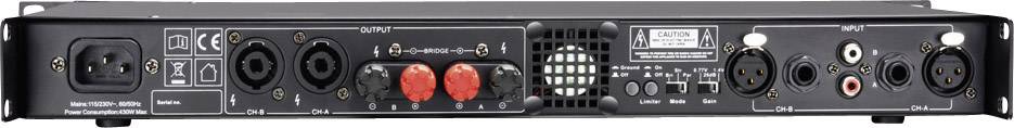Achterkant van een versterker met verschillende aansluitingen: XLR, luidsprekerkabels, RCA en stroomaansluiting, voor het verbinden van audioapparatuur.