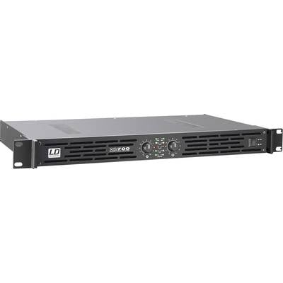 Een zwarte versterker van het merk LD Systems, model XS 700, met meerdere ingangen en controlelampjes op de voorkant.