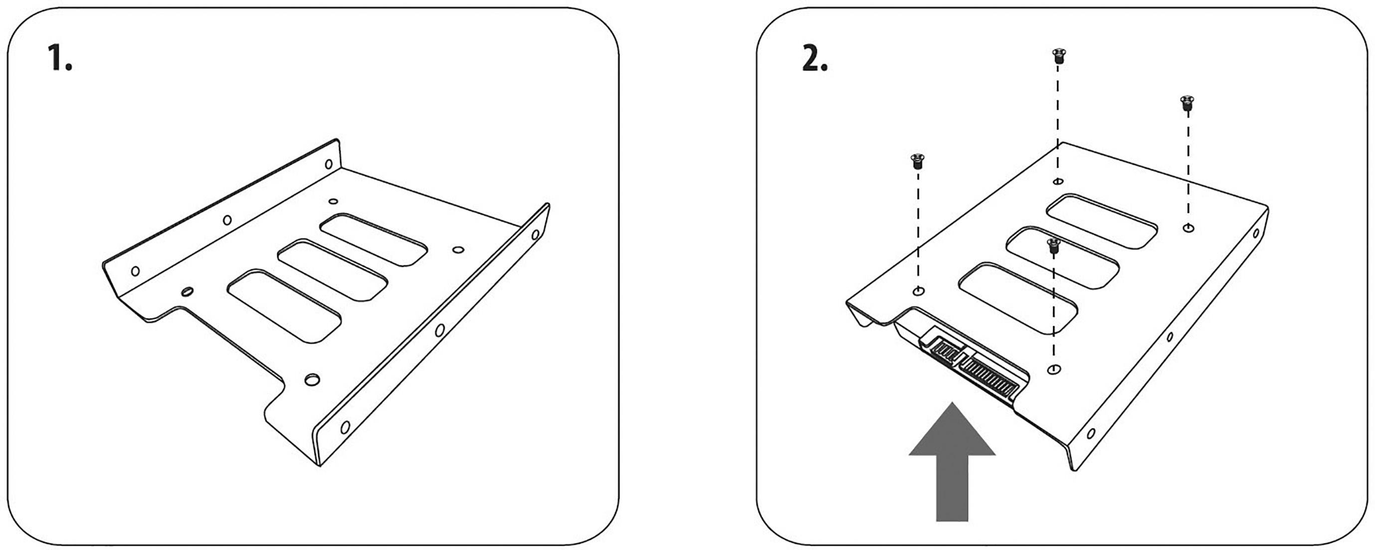 'Afbeelding 1: Beugel met schroefgaten. Afbeelding 2: Bevestiging van de beugel door deze door de vooraf aangebrachte gaten met schroeven vast te zetten.'
