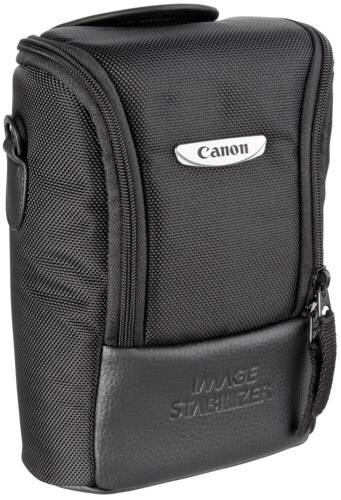 Zwarte Canon cameratas, verticaal staand, met rits en draagelementen.