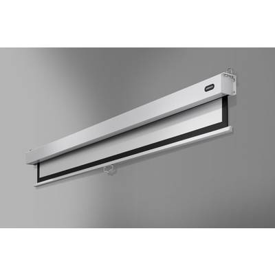 Elektrisch projectiescherm aan de muur bevestigd, in gesloten toestand. Geschikt voor kantoor- of thuisbioscoop-toepassingen.