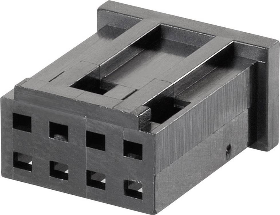 Een zwarte kunststof stekker met zes vierkante gaten voor het bevestigen van pinnen. Doorgaans gebruikt voor elektronische verbindingen.