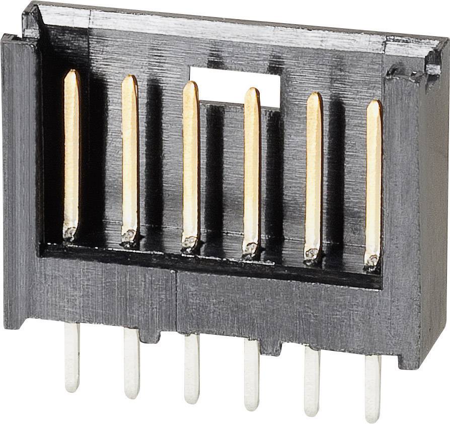 Een zwarte, rechthoekige connector met zes gouden pinnen en zes zilveren aansluitpennen, gerangschikt in twee rijen.