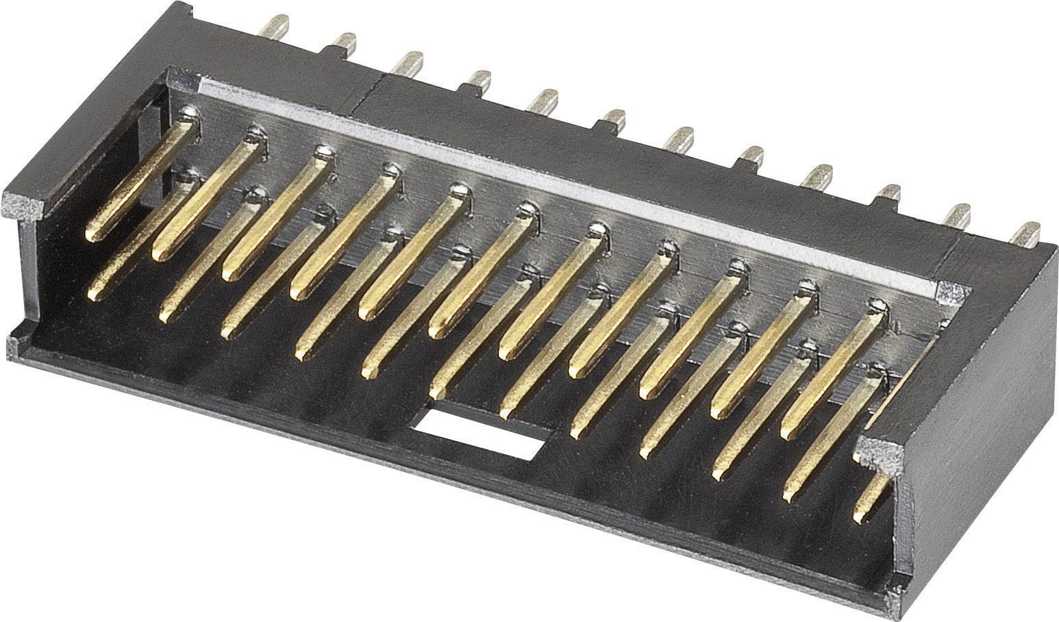 Een zwarte elektrische connector met gouden pinnen, horizontaal uitgelijnd.