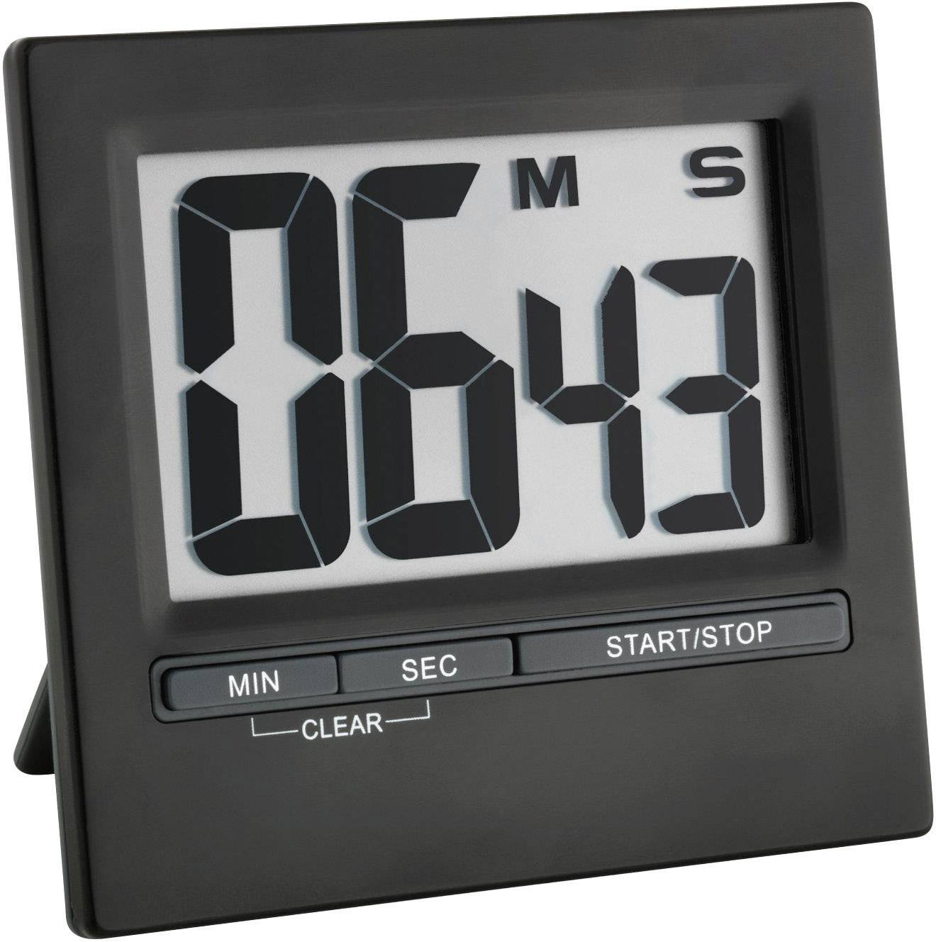 Digitale timer met groot display toont '06:43'. Knoppen gemarkeerd met 'MIN', 'SEC', 'START/STOP'.