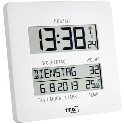 Elektronische wandklok toont '13:38', 'Dinsdag', '6.8.2013', 'Temperatuur 25,8°C'. Weeknummeraanduiding '32'.