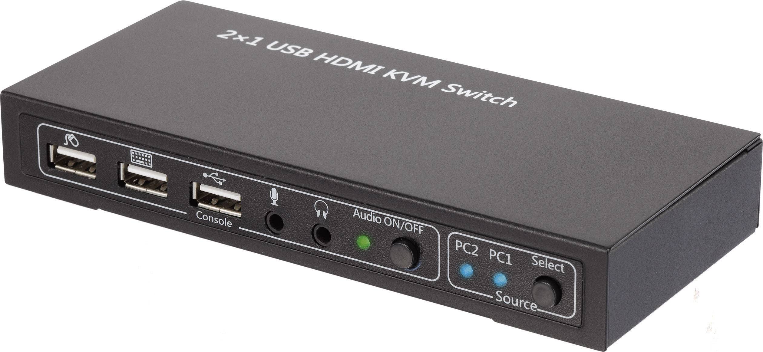 Een zwarte USB-HDMI-KVM-switch met het opschrift '2x1 USB HDMI KVM Switch'. Hij beschikt over twee USB-poorten, audio-aansluitingen en knoppen om te schakelen tussen PC1 en PC2.