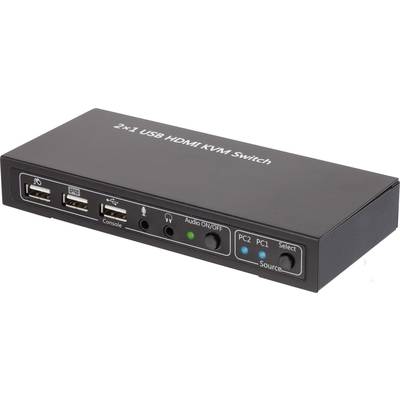 Een zwarte USB-HDMI-KVM-switch met het opschrift '2x1 USB HDMI KVM Switch'. Hij beschikt over twee USB-poorten, audio-aansluitingen en knoppen om te schakelen tussen PC1 en PC2.