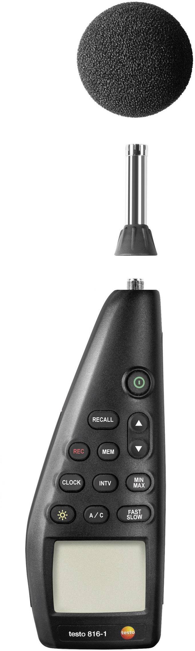 Geluidsniveaumeter met afneembare microfoonaansluiting. Digitaal display en meerdere functietoetsen voor het meten van omgevingsgeluid.