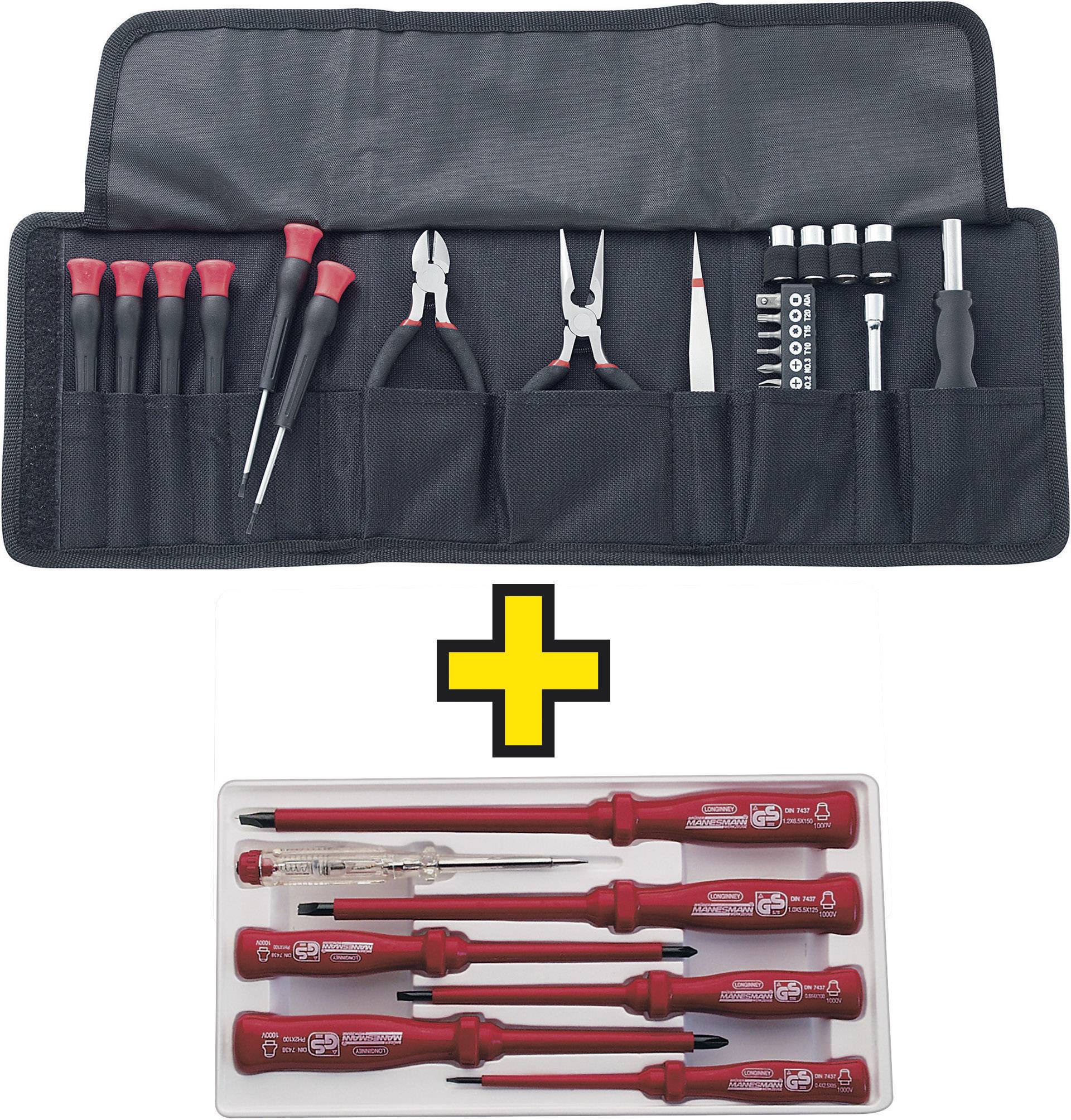 Gereedschapsset met schroevendraaiers, tangen en bits in een geopende tas. Onderaan een extra, apart set geïsoleerde schroevendraaiers.