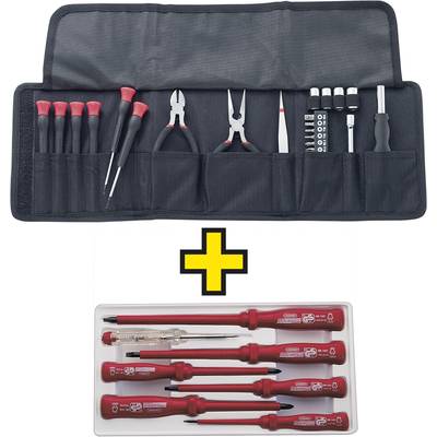 Gereedschapsset met schroevendraaiers, tangen en bits in een geopende tas. Onderaan een extra, apart set geïsoleerde schroevendraaiers.