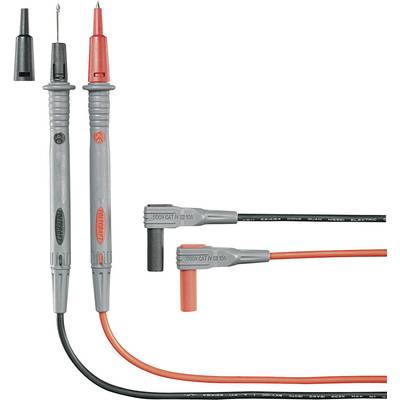 Meetleidingen met rode en zwarte testpennen, geschikt voor elektrische tests tot 1000 volt en 10 ampère.