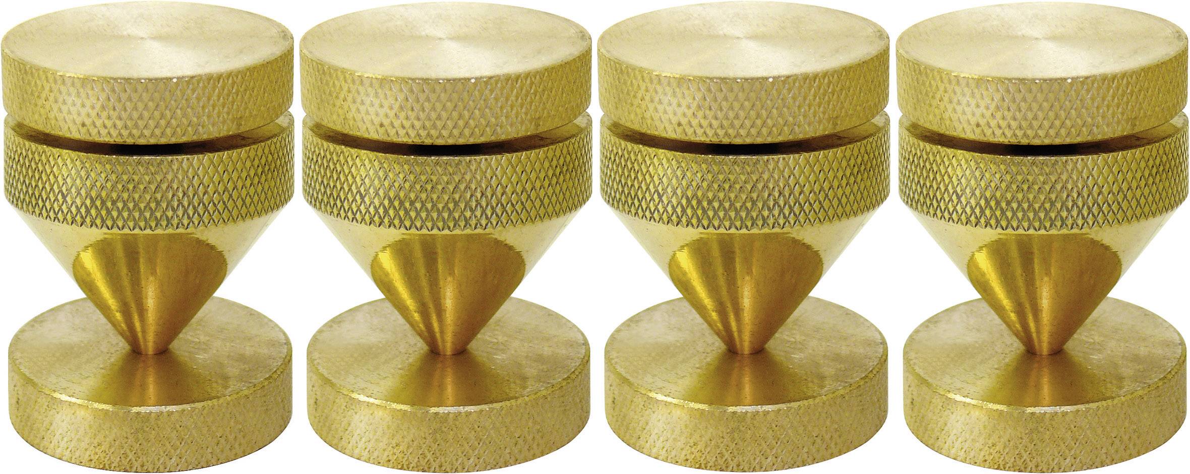 Vier gouden kegels met een geribde oppervlakte staan op een rij op een platte basis. Ze lijken stabiel en zwaar.