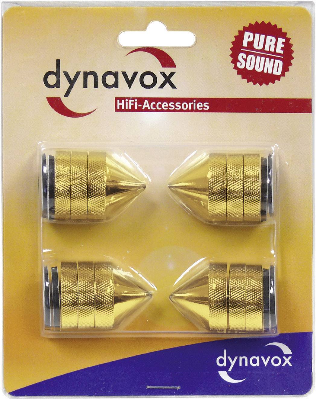 'Vier goudkleurige Dynavox HiFi-accessoire-spikes ter verbetering van de geluidskwaliteit, verpakt in een blisterverpakking met rood en geel design.'