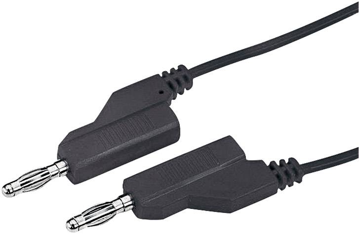 Twee zwarte audiokabels met bananenstekkers, parallel geplaatst, tonen de aansluitpunten voor het verbinden van audio-apparatuur.