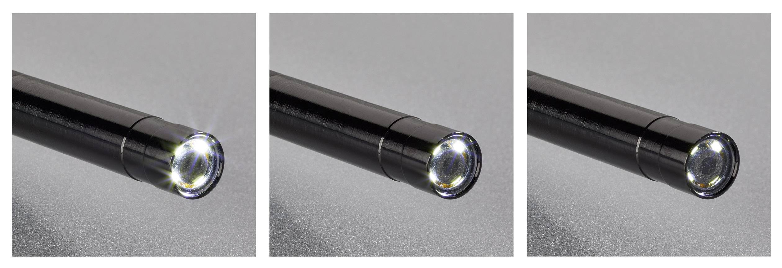 Drie identieke donkere staven met lichtgevende uiteinden op een grijze achtergrond.