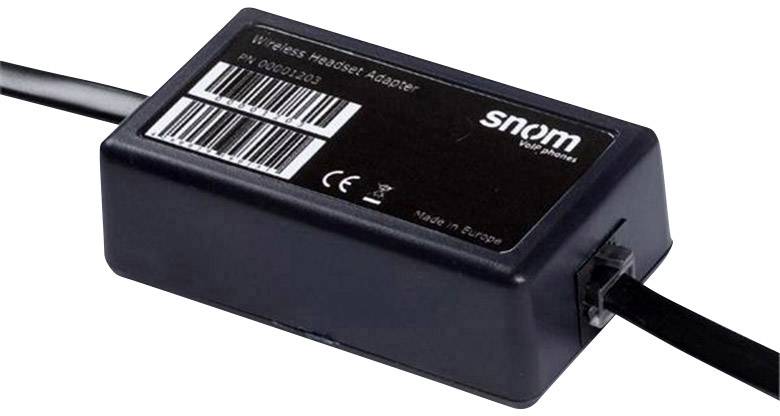 Een 'Snom Wireless Headset Adapter' met barcodes en CE-markering is afgebeeld. Hij beschikt over aansluitingen voor bekabelde verbindingen.