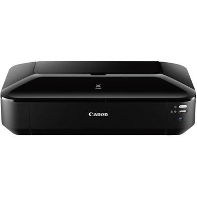 Een zwarte Canon-printer, frontaal weergegeven.