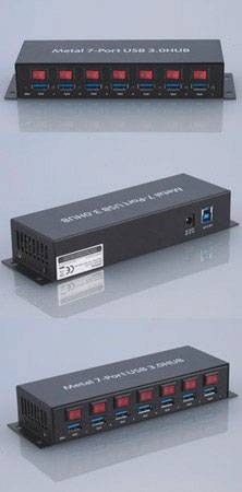 Een USB-hub met 7 poorten, metallic, met individuele aan-/uitschakelaars voor elke poort en een enkele USB-aansluiting aan de achterkant.