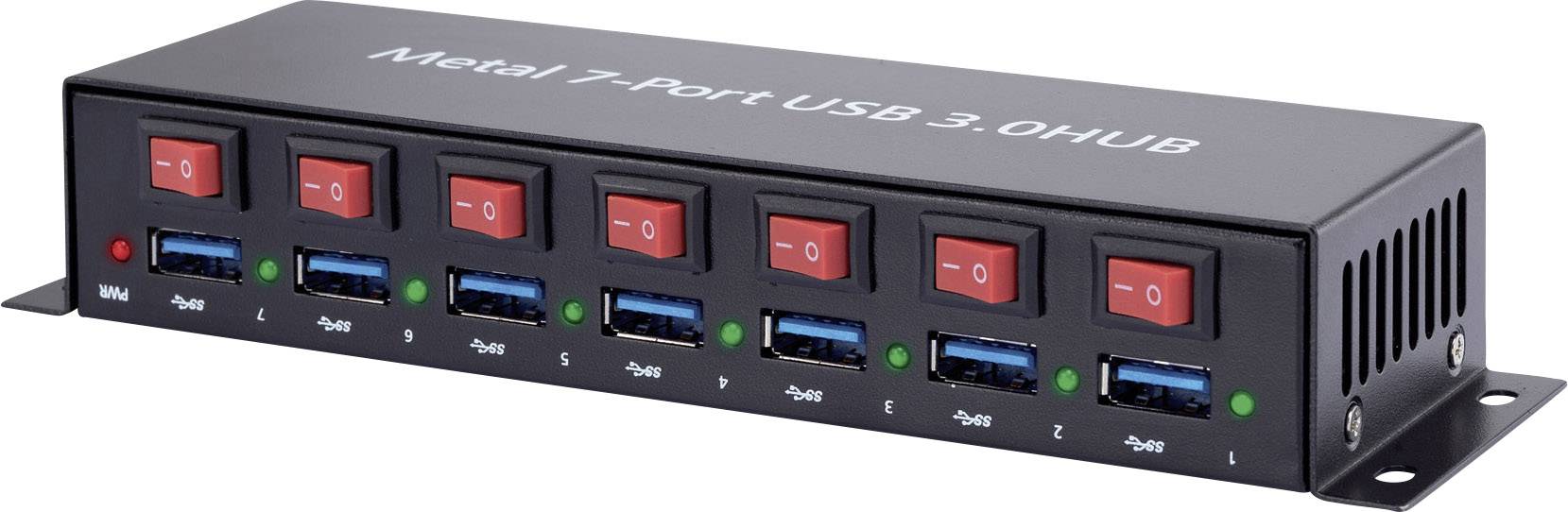 USB-hub met 7 poorten, rode aan-/uitschakelaars voor elke poort en een zwarte metalen behuizing; ondersteunt USB 3.0.