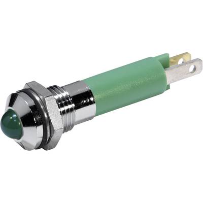 Groene drukknopschakelaar met metalen schroefdraad en twee aansluitpennen, geschikt voor elektrische schakelingen.