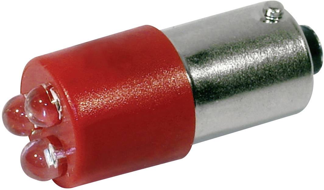 Een rode LED-lamp met een metalen voet, geschikt voor voertuigverlichting. Bevat drie kleine, ronde lichtdiodes in het voorste gedeelte.
