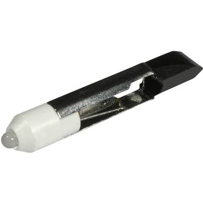 Een enkele platenspeler-naalddrager, bestaande uit een witte kunststof behuizing met een metalen staaf, waaraan het uiteinde een naald is bevestigd.